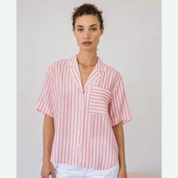 AYR Medium Pool Boy Shirt Pink Stripe Silk-Blend Short Sleeve Button Down Casual - Picture 7 of 7